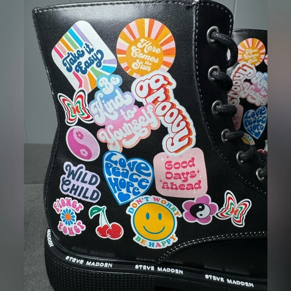 Steve Madden Black Boot Colorful Sticker Images Lug Sole Faux Leather Size 4